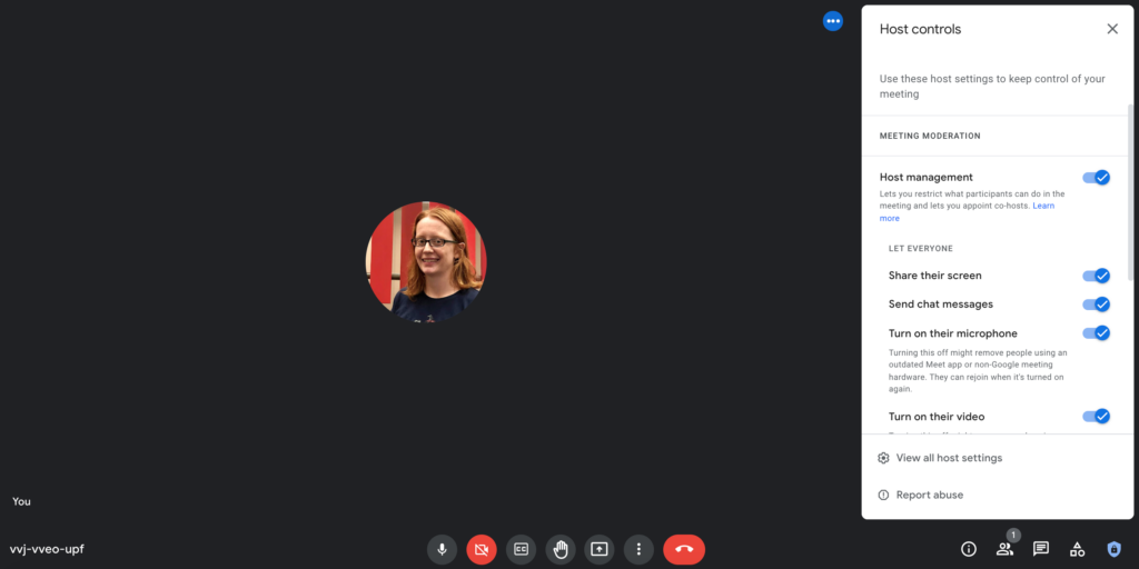 Meet call in progress with a white pop-up menu titled "Host controls" on the right side.