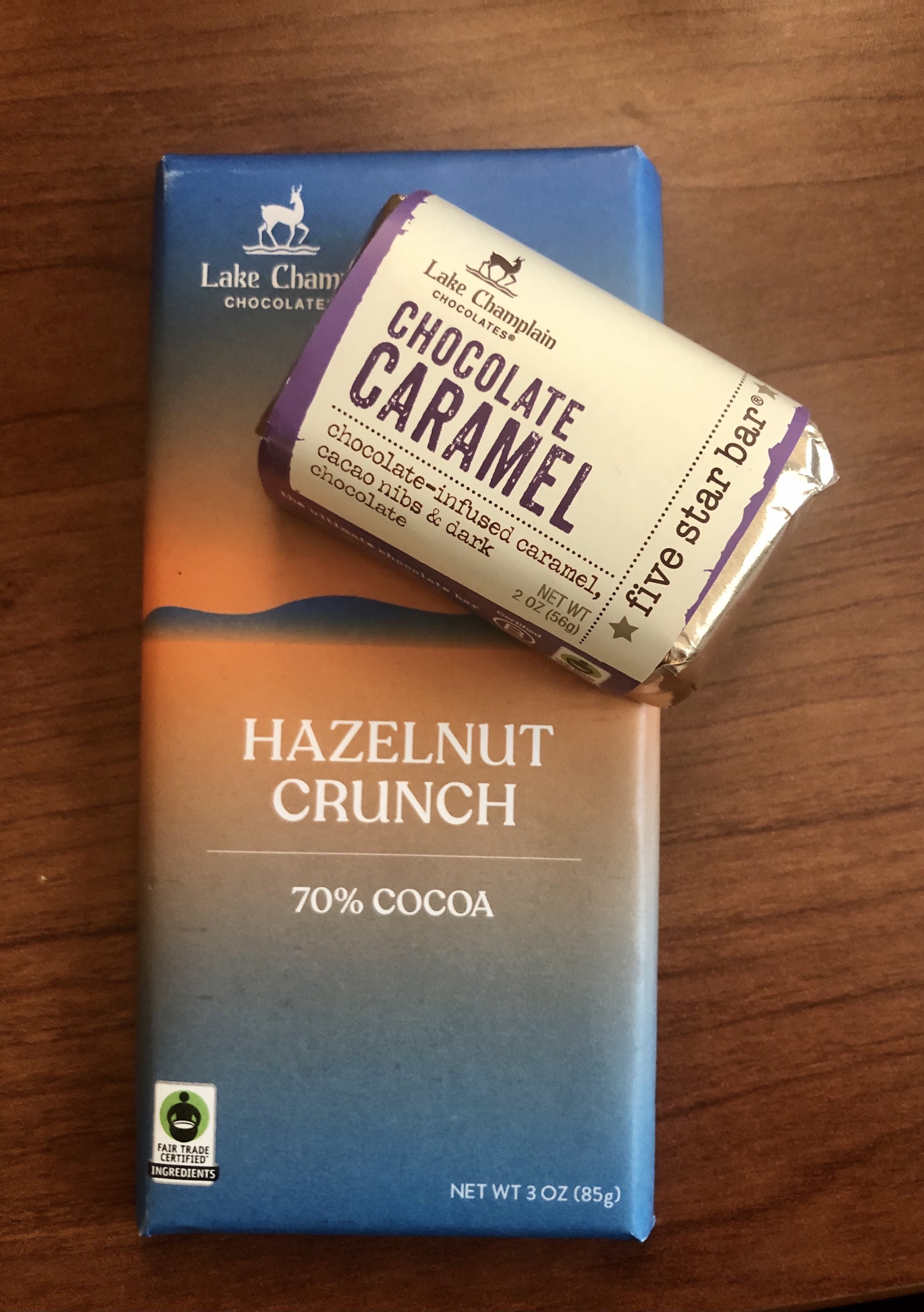 Lake Champlain Chocolates hazelnut crunch bar and chocolate caramel block