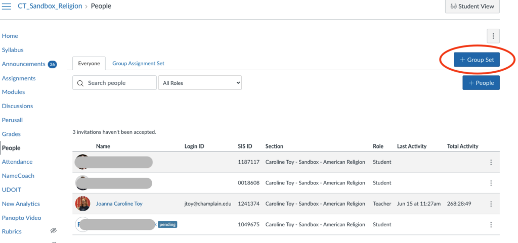 Canvas window showing the contents of the People tab, including the roster. Near the top right, a blue button reading "+ Group Set" is circled in red.