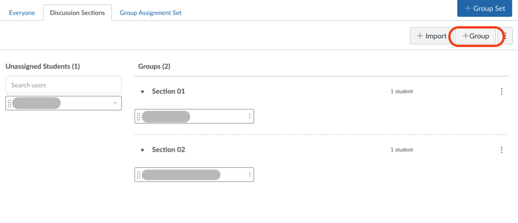 View of a group set showing two groups, each with one student in them, and one unassigned student on the left. The gray "+Group" button is circled in red near the upper right.