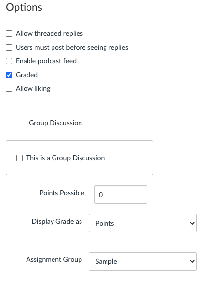 A portion of the Canvas options menu within the Discussion editor, showing various settings. In the center of the image is a checkbox labeled "this is a group discussion" surrounded by an emphasis outline.