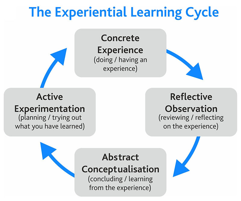 Graphic of a four-phase cycle titled "The Experiential Learning Cycle". At the top is a box labeled "Concrete Experience (doing/having an experience)," with a clockwise arrow to another box labeled "Reflective Observation (reviewing/reflecting on the experience)," with a clockwise arrow to another box labeled "Abstract conceptualisation (concluding/learning from the experience)," with a clockwise arrow to a fourth box labeled "Active experimentation (planning/trying out what you have learned)". A last arrow connects back to the first box.