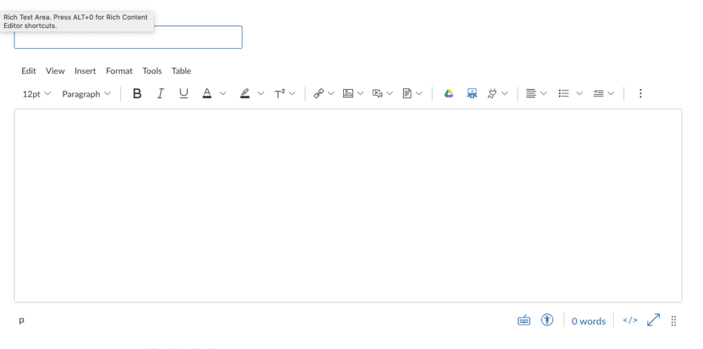 Screenshot of a blank Canvas editor showing the Rich Content Editor menus and icons.
