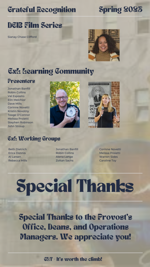 List of presenters, facilitators, and working group members from the DEIB film series and the ExL Learning Community, with images of three speakers. Final special thanks to the Provost's Office