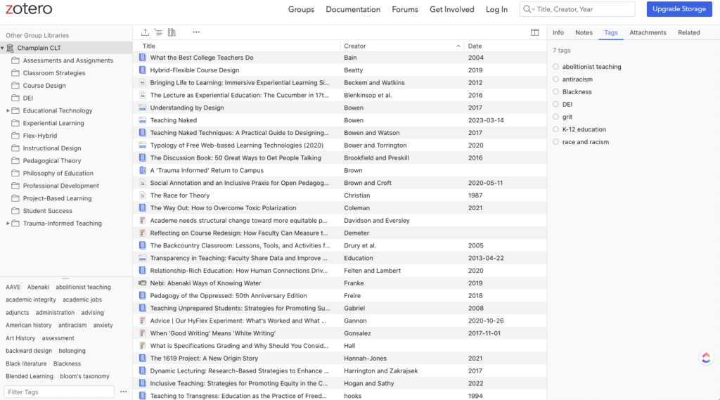 Screenshot of the CLT's Zotero group library, showing three columns: a list of categories, a list of works by title, author, and date, and information about the selected work
